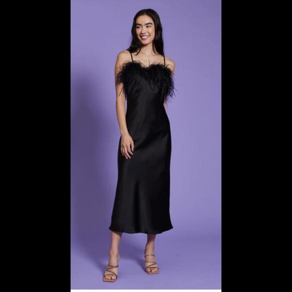 Lucy Paris Black  Midi Dress with Feather Trim - Picture 1 of 10